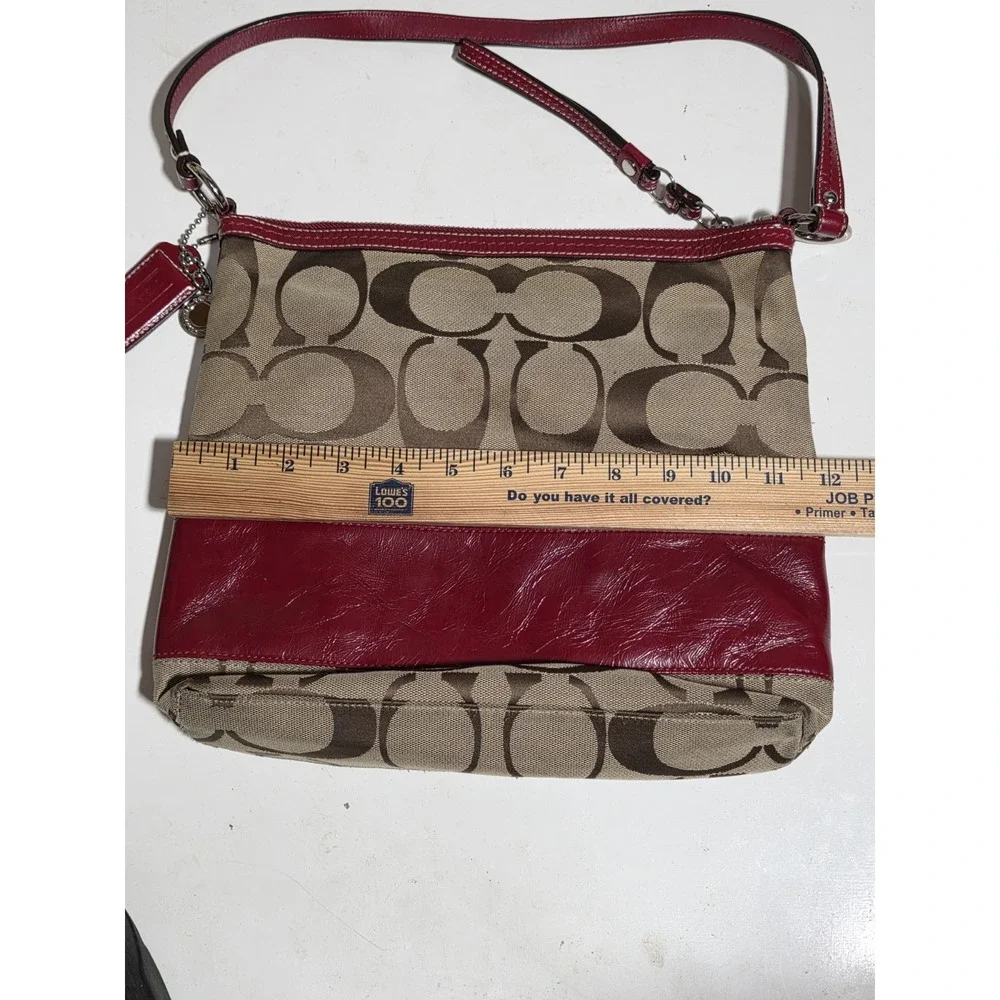 Coach Signature Canvas Shoulder Bag Red Leather Trim Zip‎ Hobo Purse